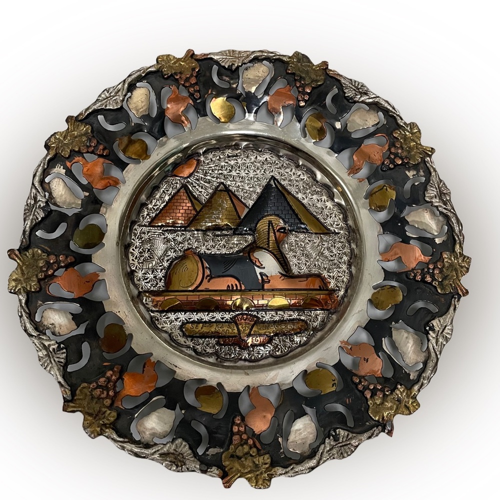 Vintage Egyptian hand made ornate metal plate pyramids sphinx
